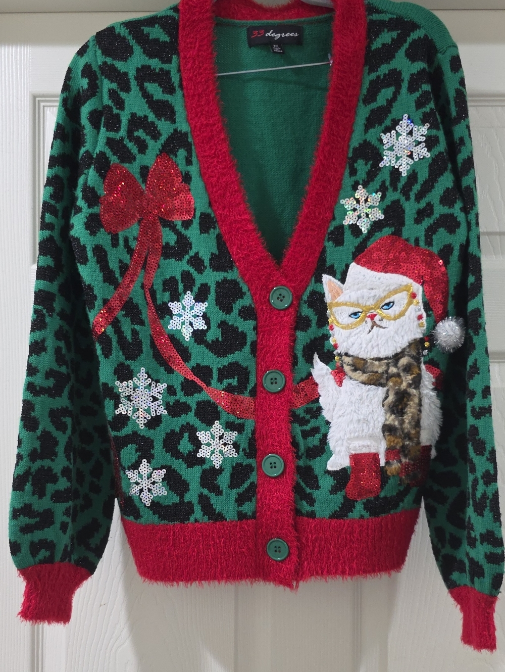 32 Degrees Green & Red Holiday Cat Sequin Cardigan - XS